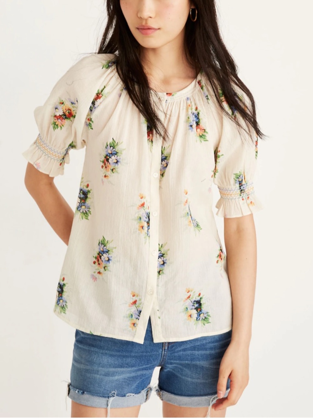 Madewell Smocked Button-Down Floral Peasant Blouse | Cream | Size S
